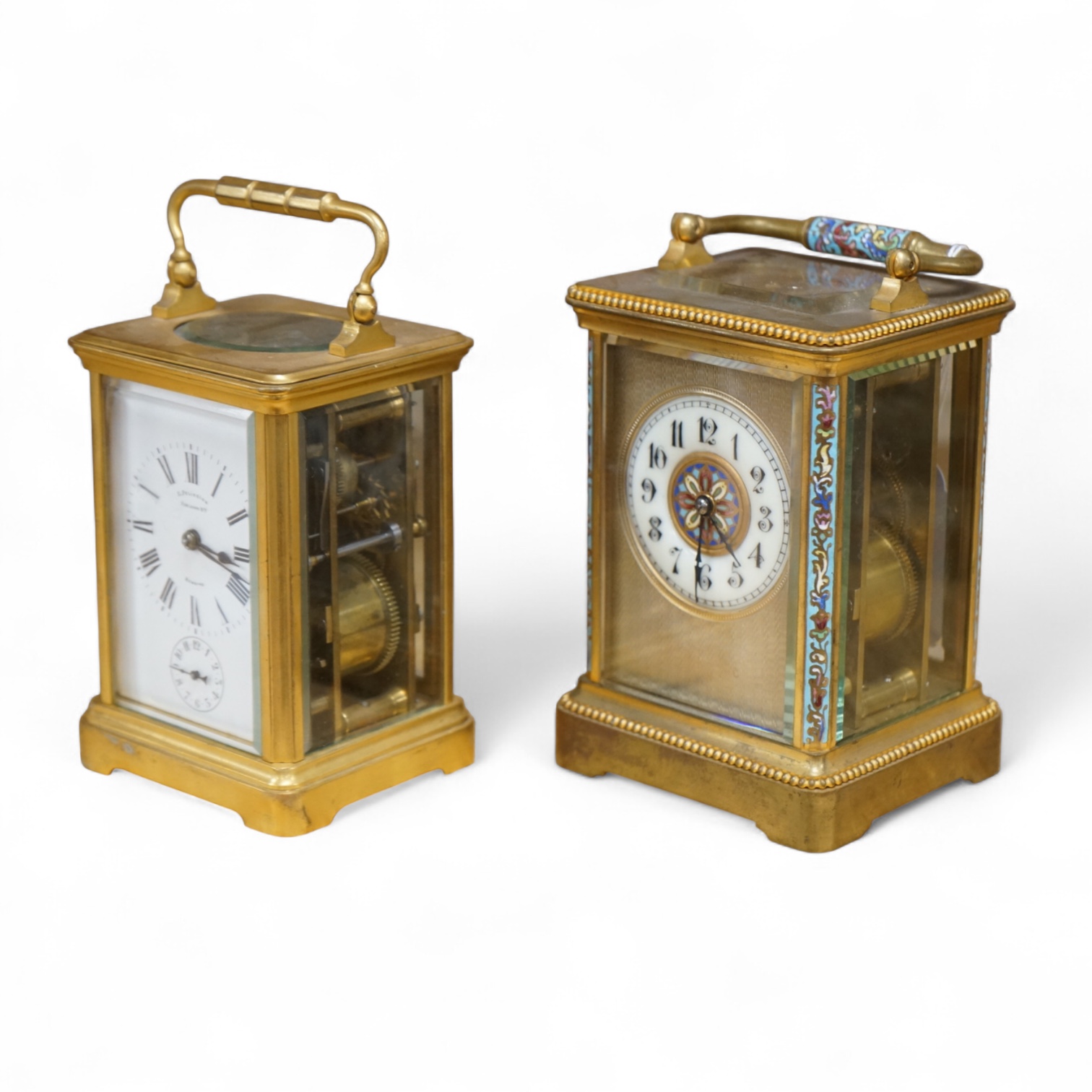 Two French carriage clocks, one champlevé enamelled, tallest 15cm